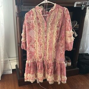Beulah Pink Lace Ruffle Mini Dress Puff Sleeve Dress- Size M